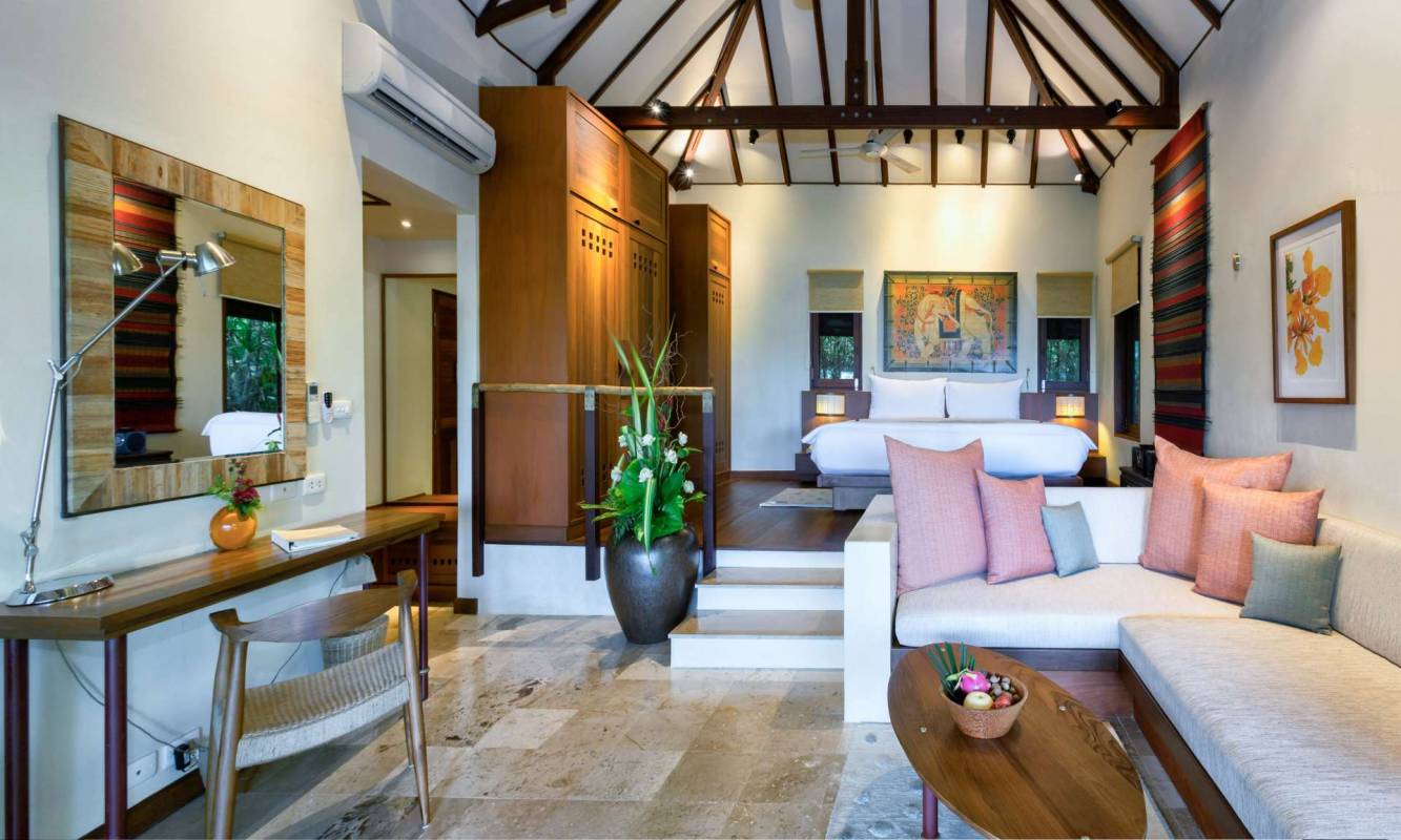 The interior of the living space in one of the sea view villas at Kamalaya Koh Samui